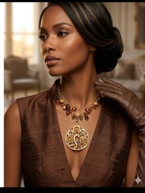 Vintage Boho Gold-Tone Peacock Pendant Necklace – Earth Tones & Beaded Clusters